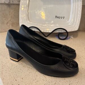 Tory Burch Black Chunky Heels with Bow Accent